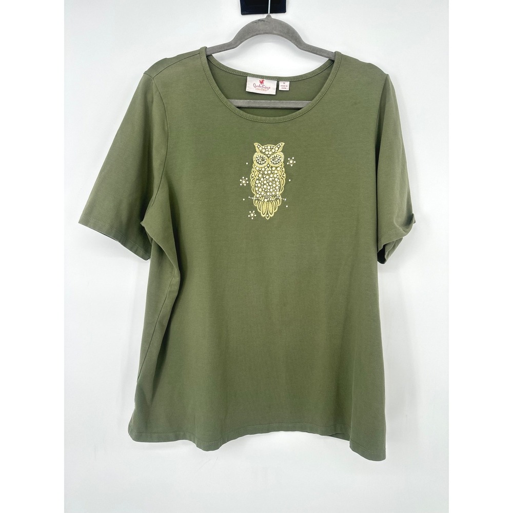 Quacker Factory T Shirt Top Womens 1X Green Owl Beaded Short Sleeve Boho Whimsy